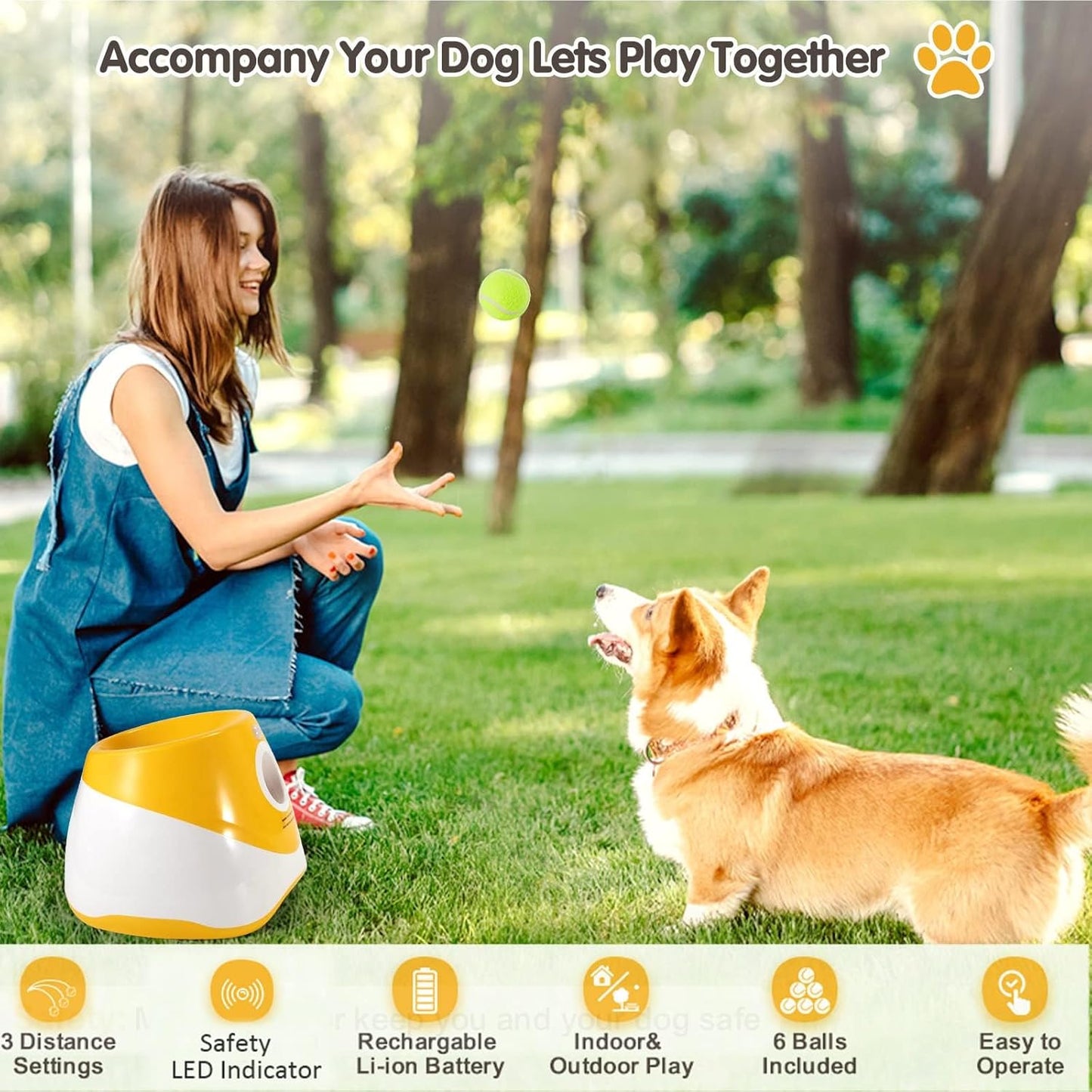 USB-Rechargeable Automatic Ball Launcher for Small Dogs | 10-30ft Adjustable | 15 Mini Tennis Balls Included