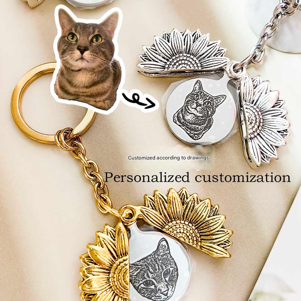 Custom Pet Memorial Keychain - Vintage Sunflower Laser Etched Gift