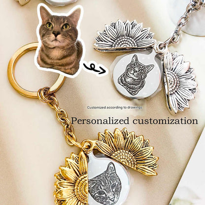 Custom Pet Memorial Keychain - Vintage Sunflower Laser Etched Gift