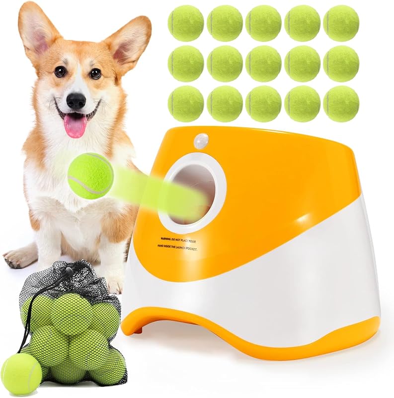 USB-Rechargeable Automatic Ball Launcher for Small Dogs | 10-30ft Adjustable | 15 Mini Tennis Balls Included