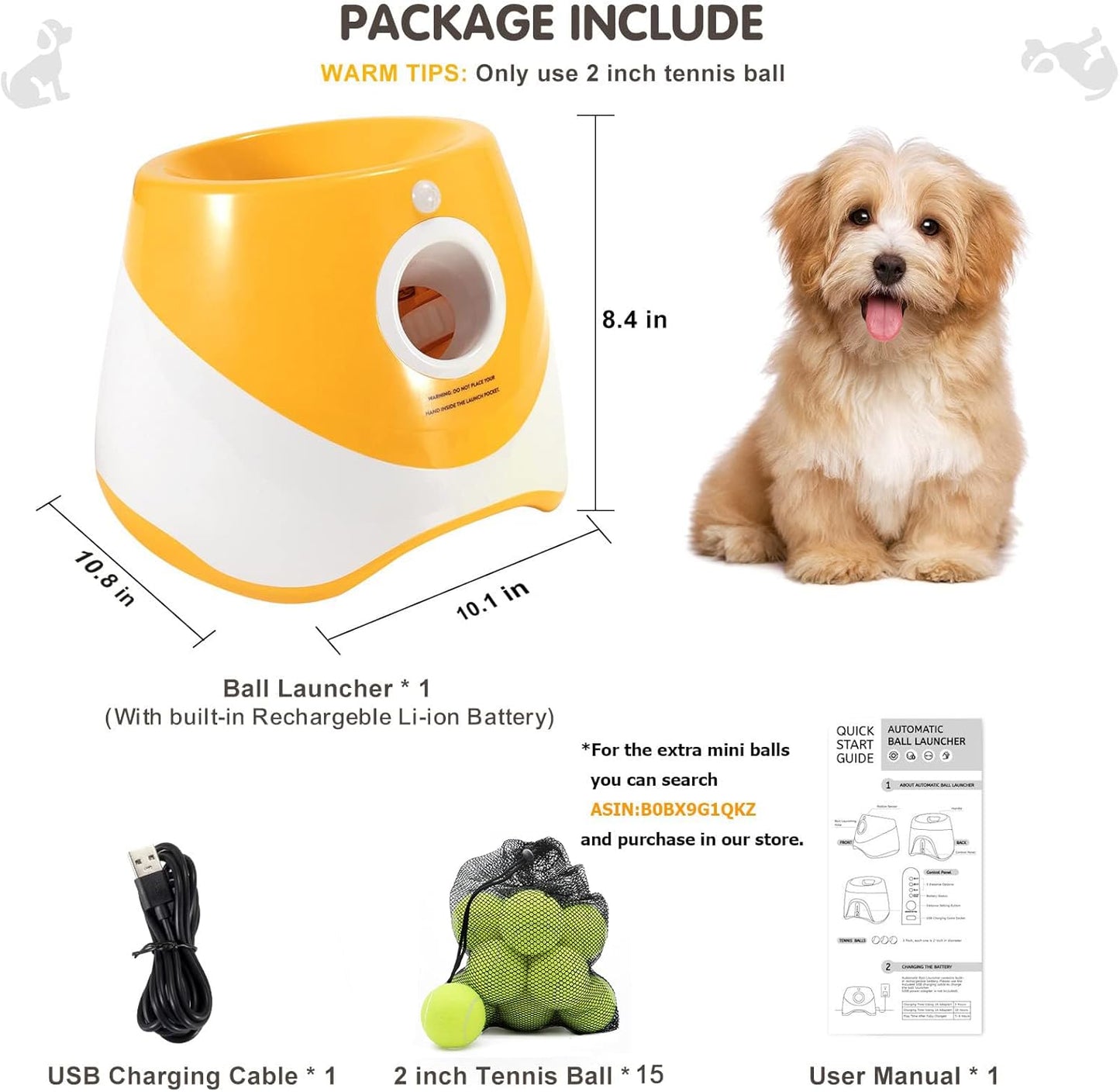 USB-Rechargeable Automatic Ball Launcher for Small Dogs | 10-30ft Adjustable | 15 Mini Tennis Balls Included