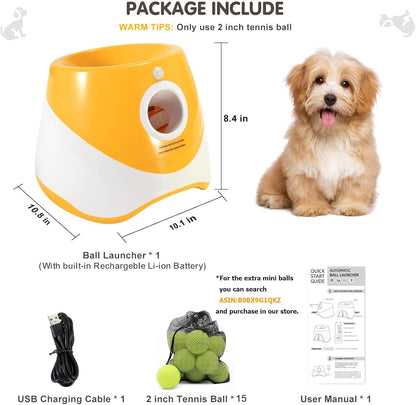 USB-Rechargeable Automatic Ball Launcher for Small Dogs | 10-30ft Adjustable | 15 Mini Tennis Balls Included