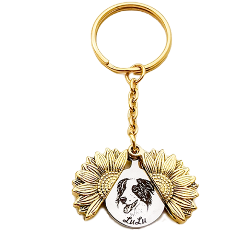 Custom Pet Memorial Keychain - Vintage Sunflower Laser Etched Gift