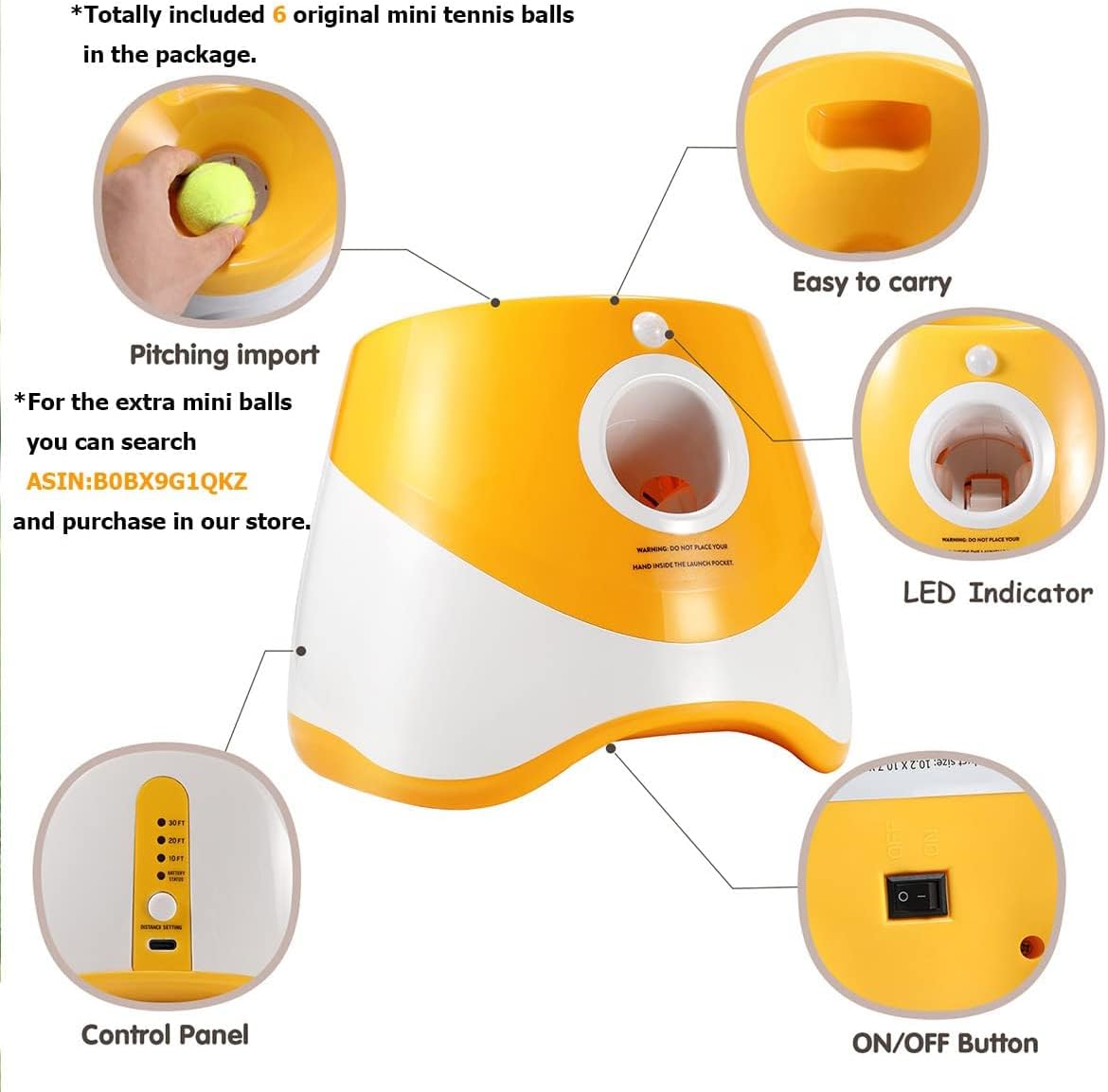 USB-Rechargeable Automatic Ball Launcher for Small Dogs | 10-30ft Adjustable | 15 Mini Tennis Balls Included