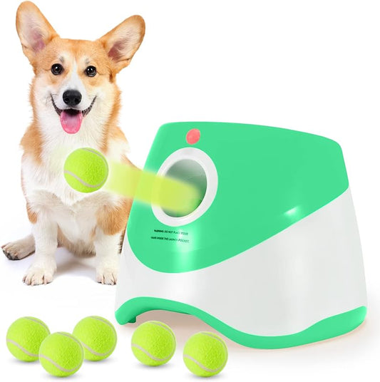 USB-Rechargeable Automatic Ball Launcher for Small Dogs | 10-30ft Adjustable | 15 Mini Tennis Balls Included