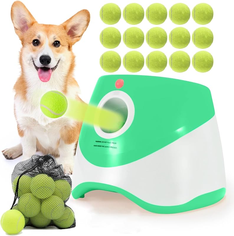 USB-Rechargeable Automatic Ball Launcher for Small Dogs | 10-30ft Adjustable | 15 Mini Tennis Balls Included